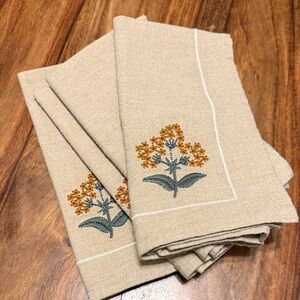 Set of 4 Embroidered Floral Tan Napkins